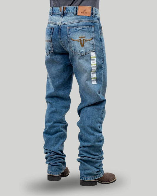 Calça country masculina ARIAT azul claro stone wash com bordado Longhorn