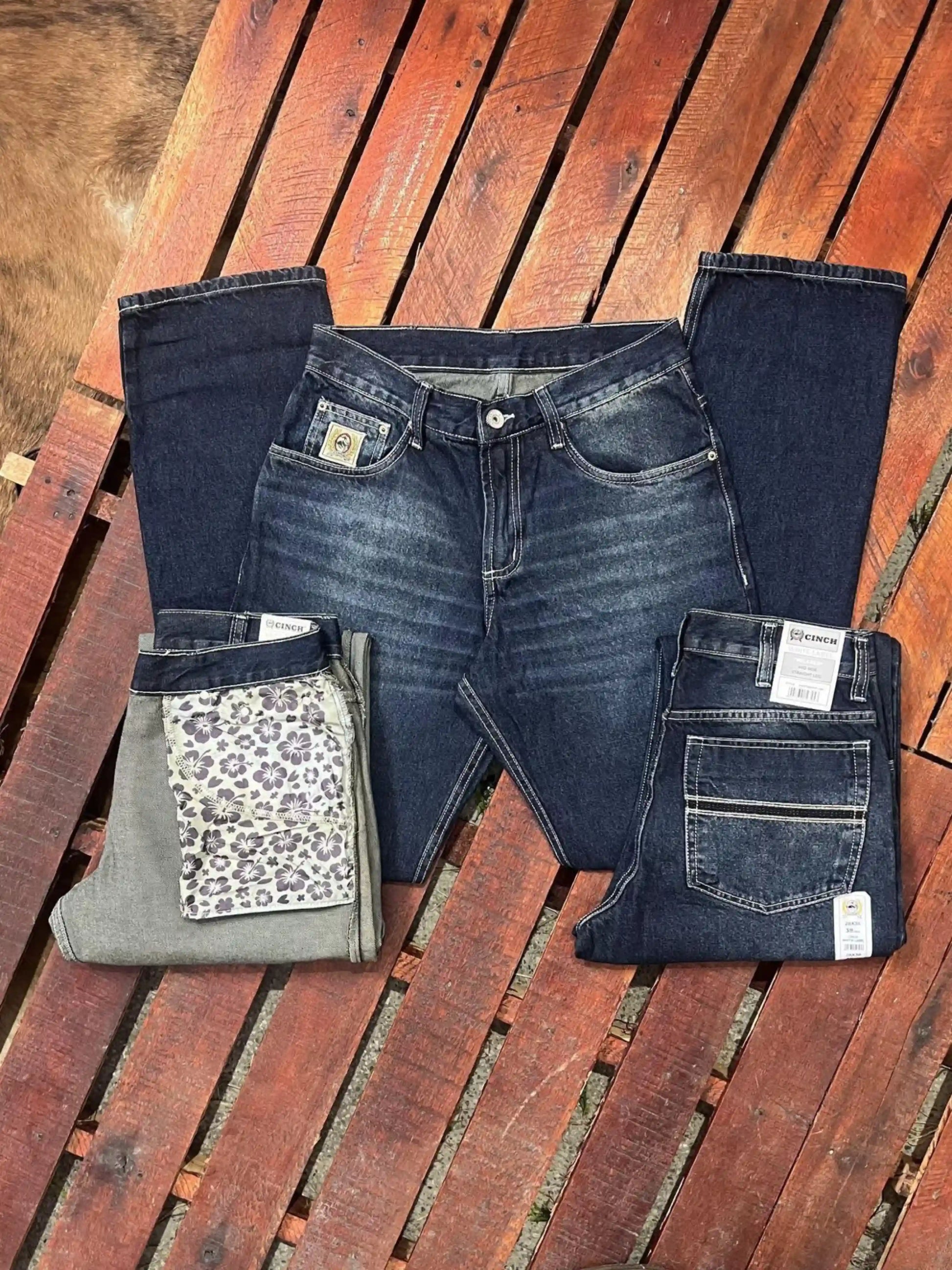 Calça country masculina CINCH azul escuro com costura linear nos bolsos