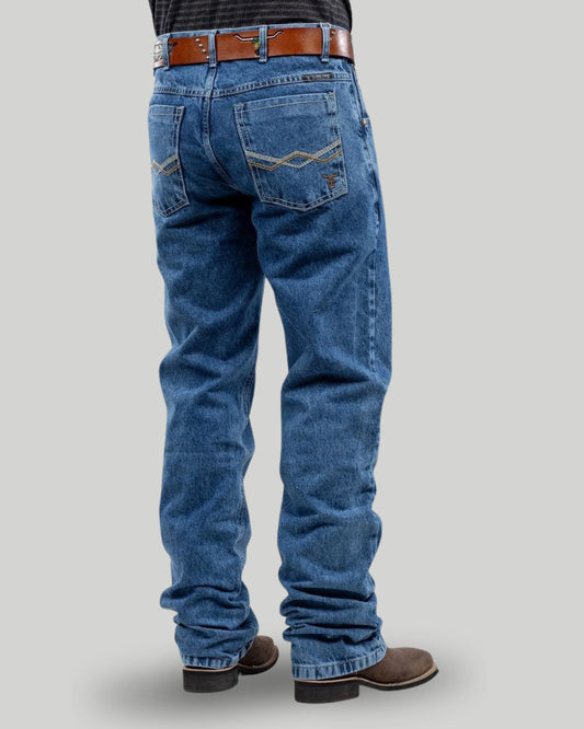 Calça country masculina Texas Farm azul claro stone wash com bordado em X