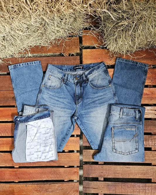 Calça country masculina Texas Farm azul claro stone wash com bordado TF
