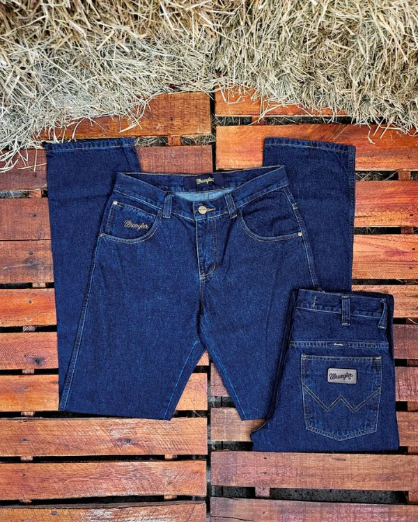 Calça country masculina Wrangler azul escuro com bordado western