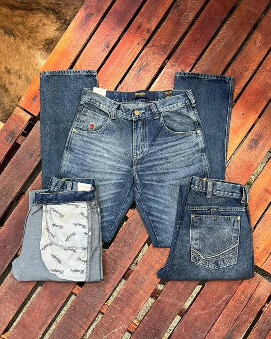Calça country masculina Wrangler azul estonado com lavagem Stone Wash
