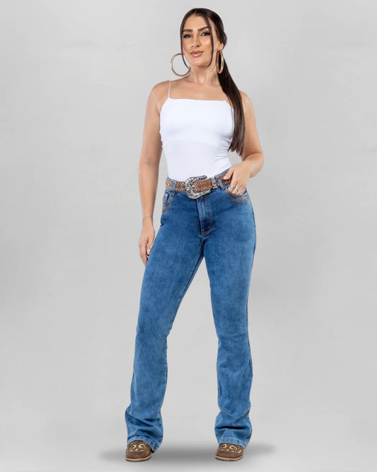 Calça Country ARIAT Bordada Feminina vista frontal jeans 100% algodão
