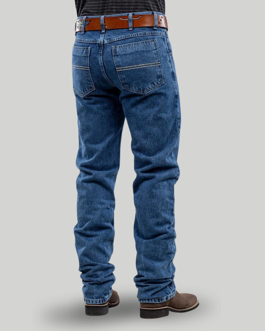 Calça country masculina CINCH azul médio com acabamento western observado nas fotos