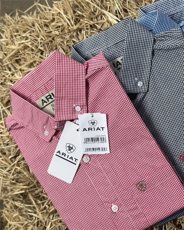 Camisa country masculina de manga curta em padrão microxadrez