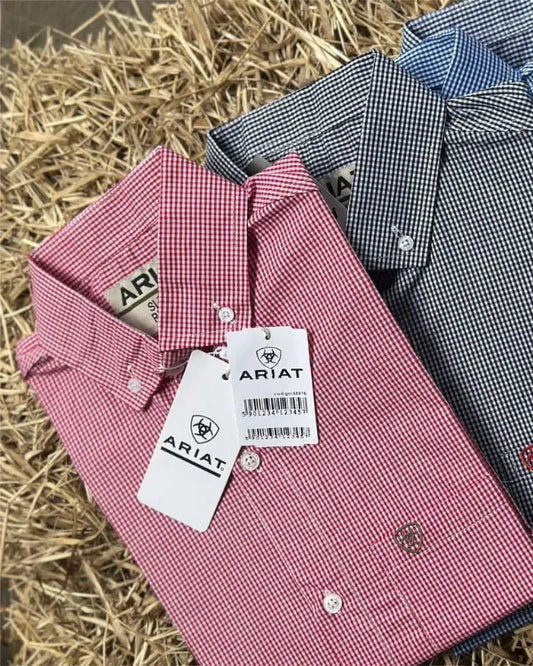 Camisa country masculina de manga curta em padrão microxadrez
