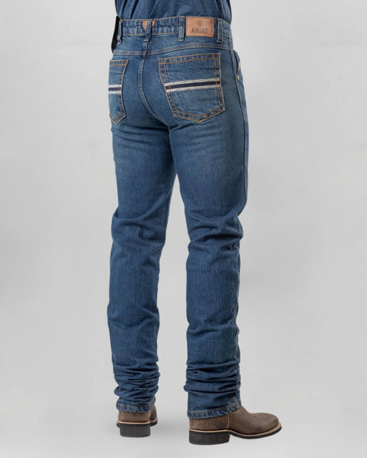 Calça country masculina ARIAT azul estonado com acabamento western observado nas fotos