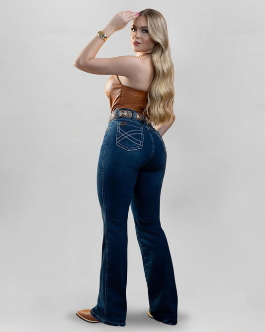 Calça country feminina ARIAT flare azul marinho com bordado geométrico nos bolsos traseiros