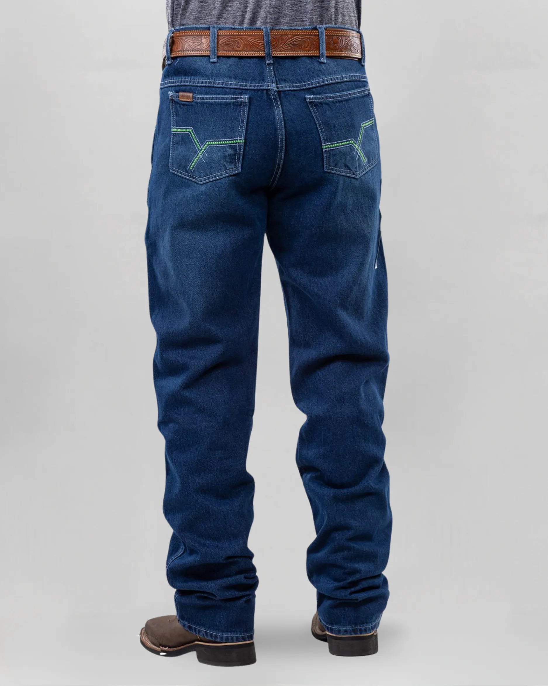 Calça country masculina ARIAT azul escuro com bordado verde