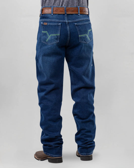 Calça country masculina ARIAT azul escuro com bordado verde