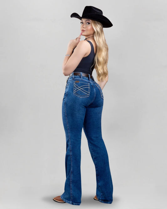 Calça country feminina ARIAT flare azul médio com bordado geométrico nos bolsos traseiros