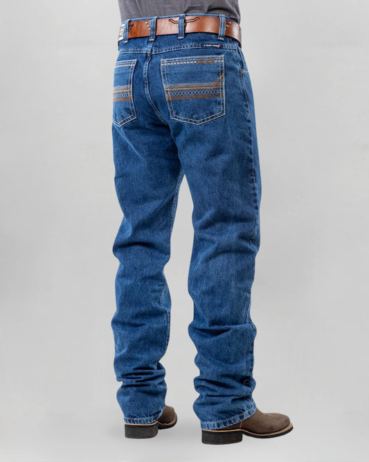 Calça country masculina Texas Farm azul estonado com costura linear nos bolsos