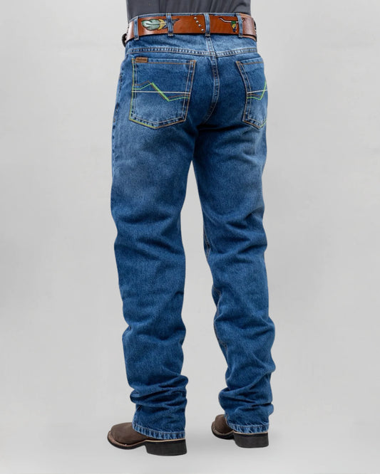 Calça country masculina ARIAT azul marmorizado com bordado verde