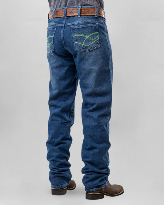 Calça country masculina Texas Farm azul marmorizado com bordado verde
