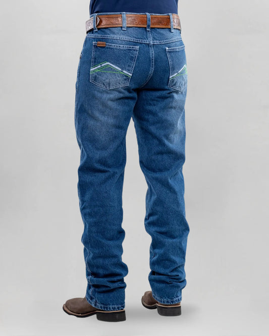 Calça country masculina ARIAT azul estonado com bordado verde