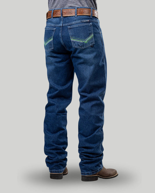 Calça country masculina Texas Farm azul marinho com bordado verde