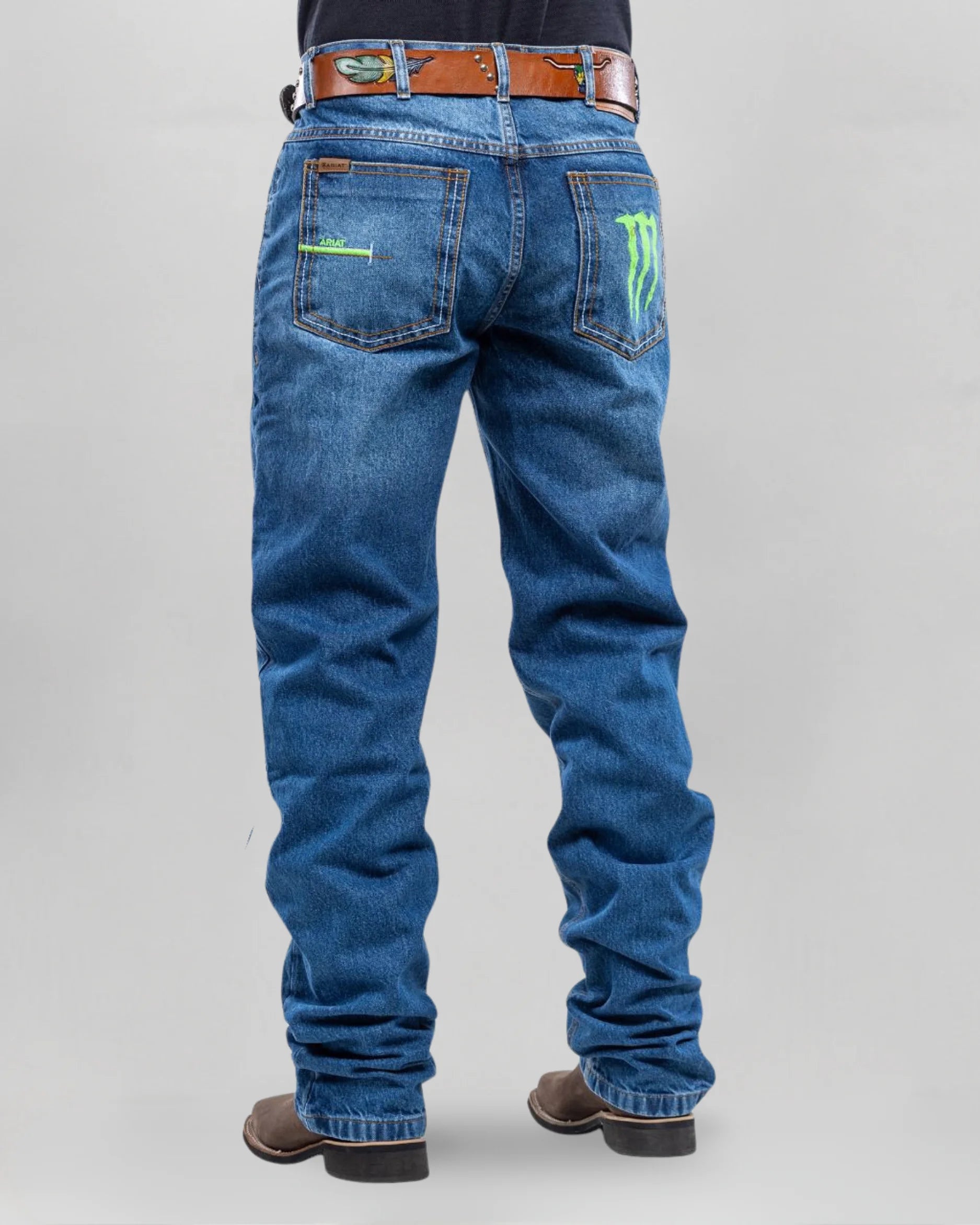 Calça country masculina ARIAT azul estonado com bordado verde-neon