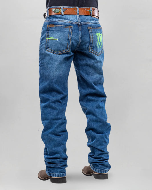 Calça country masculina ARIAT azul estonado com bordado verde-neon