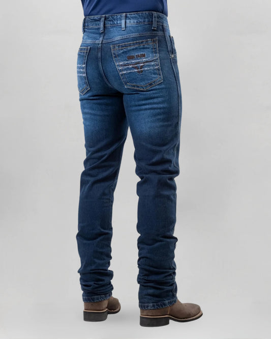 Calça country masculina King Farm azul escuro com bordado em chevron