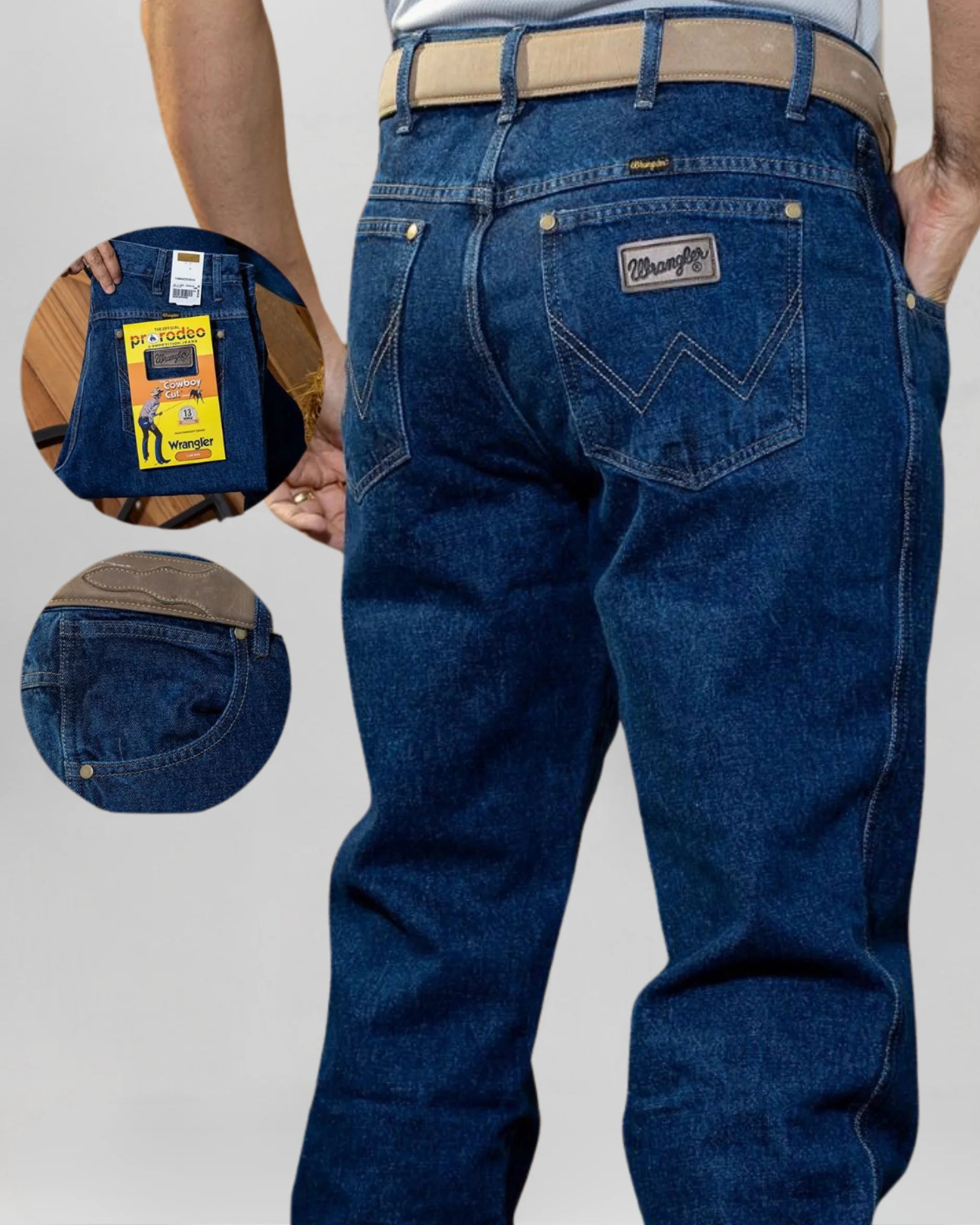 Calça Country Masculina Wrangler vista traseira caimento na bota
