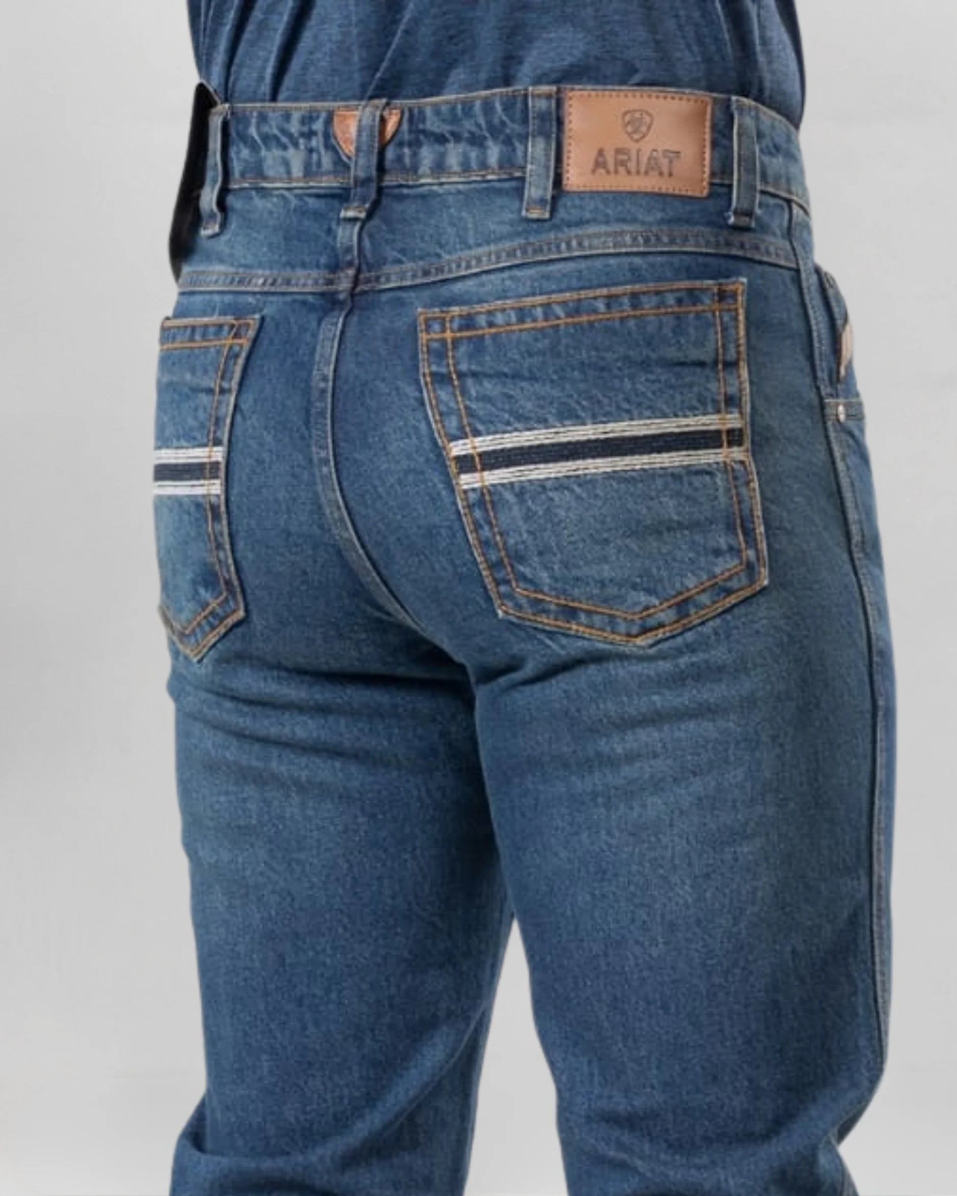 Calça Country Masculina ARIAT M5 Slim bege claro detalhe acabamento